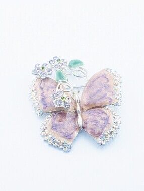 Purple & Pink Blended Enamel Butterfly With Floral Crystal & AB Wings Brooch
